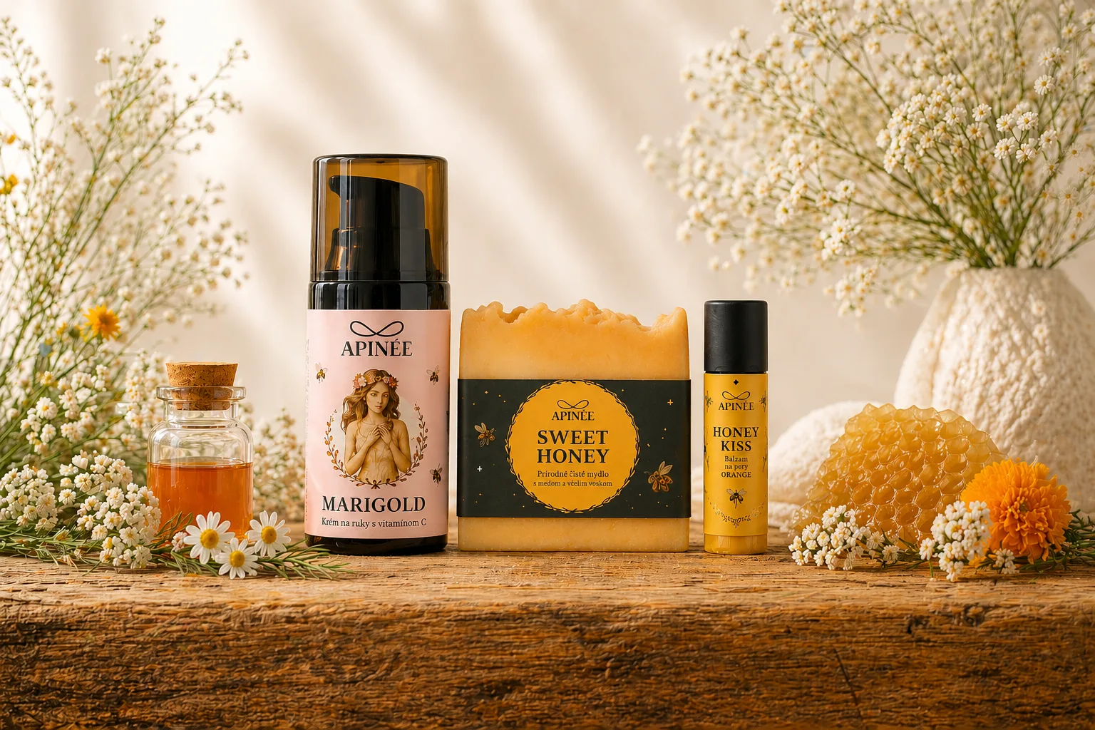 Prírodná kozmetika APINÉE – krém Marigold, mydlo Sweet Honey a balzam Honey Kiss